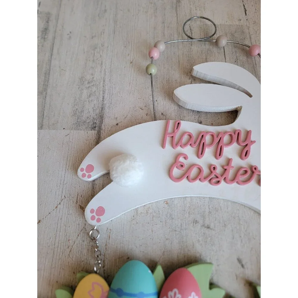 Wooden hanging‎ happy Easter white bunny egg grass Spring home decor